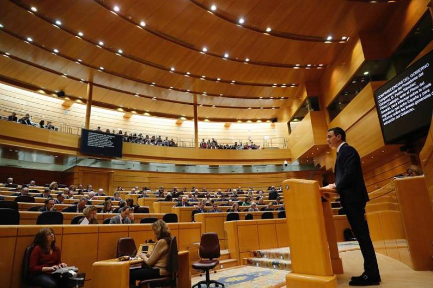 MADRID (ESPAÑA), 18.12.2018. El presidente del Gobierno, Pedro Sánchez, durante su comparecencia en la sesión plenaria del Senado. Efe.