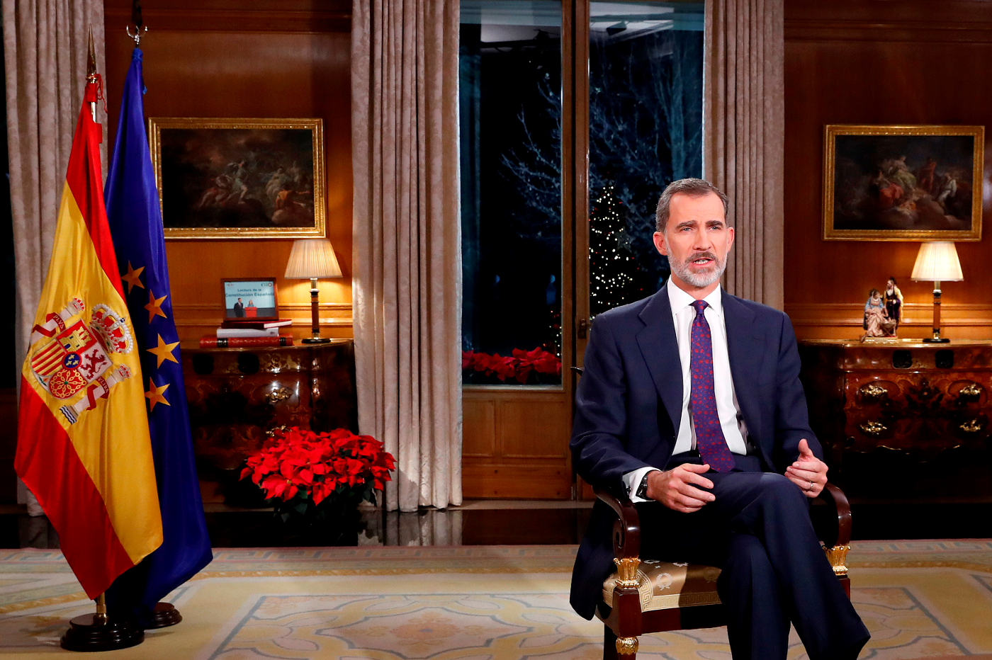 MADRID (ESPAÑA), 24.12.2018. Vista e su Majestad el Rey Felipe VI de España, hoy durante su mensaje de Navidad 2018, centrado sobre los jóvenes y la 'convivencia' en España. Lasvocesdelpueblo