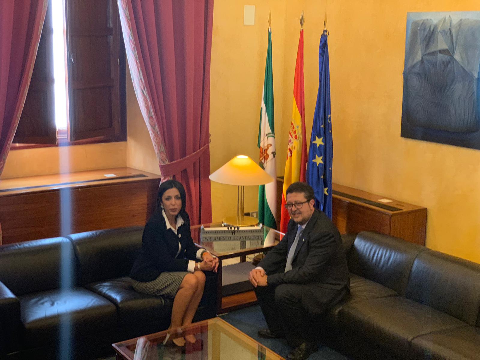 SEVILLA (ESPAÑA), 10.01.2019. La presidenta del Parlamento andaluz, Marta Bosquet (Ciudadanos Cs) (i), durante la reunión con el líder de Vox en Andalucía, Francisco Serrano (d),. Ñ Pueblo