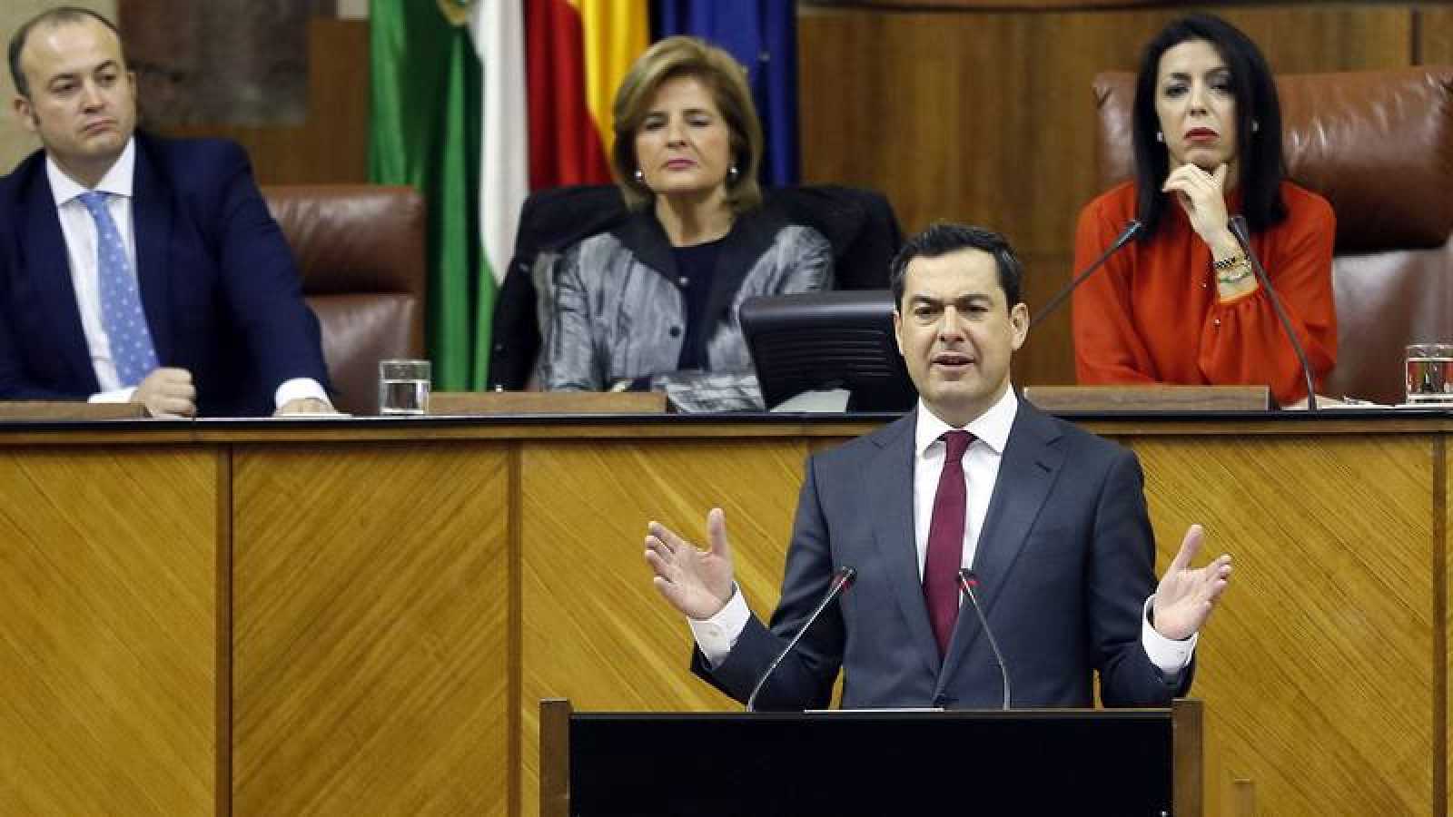 SEVILLA (ESPAÑA), 16.01.2019. El candidato del PP a presidir la Junta de Andalucía, Juanma Moreno, durante la sesión de investidura en el Parlamento de Andalucía este miércoles. Efe