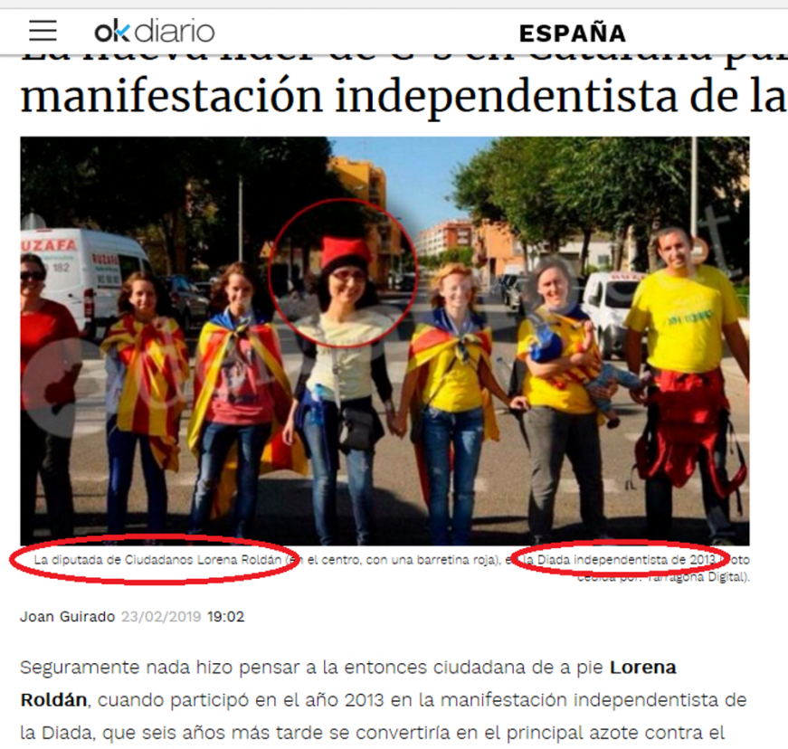 FOTOGRAFÍA. TARRAGONA (ESPAÑA), 11.09.2013. La diputada de Ciudadanos Lorena Roldán (en el centro, con una barretina roja), en la Diada independentista de 2013. Ñ Pueblo