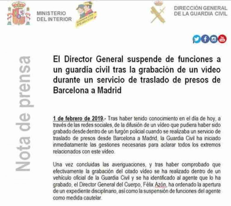 Sánchez suspende a un Guardia Civil por un vídeo de traslado de Presos del ‘Procés’