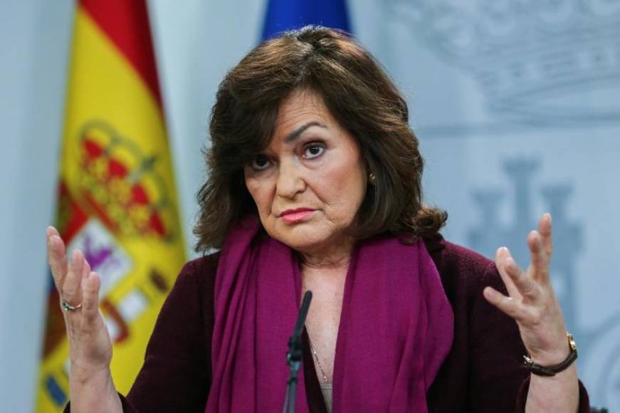 MADRID (ESPAÑA), 06.02.2019. La vicepresidenta del Gobierno, Carmen Calvo, durante la comparecencia de prensa en el Palacio de la Moncloa. Efe.