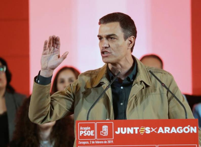 Zaragoza (España), 02.02.2019. El presidente del gobierno y Secretario General del PSOE, Pedro Sánchez, en el mitin en el que ha presentado en Zaragoza. Efe.