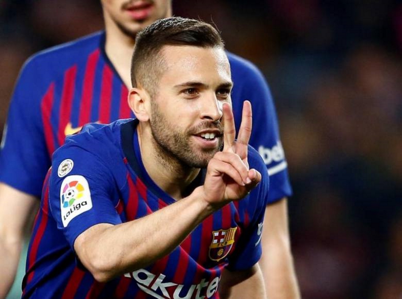 FOTOGRAFÍA. BARCELONA 8ESPAÑA), 20.04.2019. El defensa del FC Barcelona Jordi Alba celebra su gol anotado ante la Real Sociedad, el del 2-1. Efe.