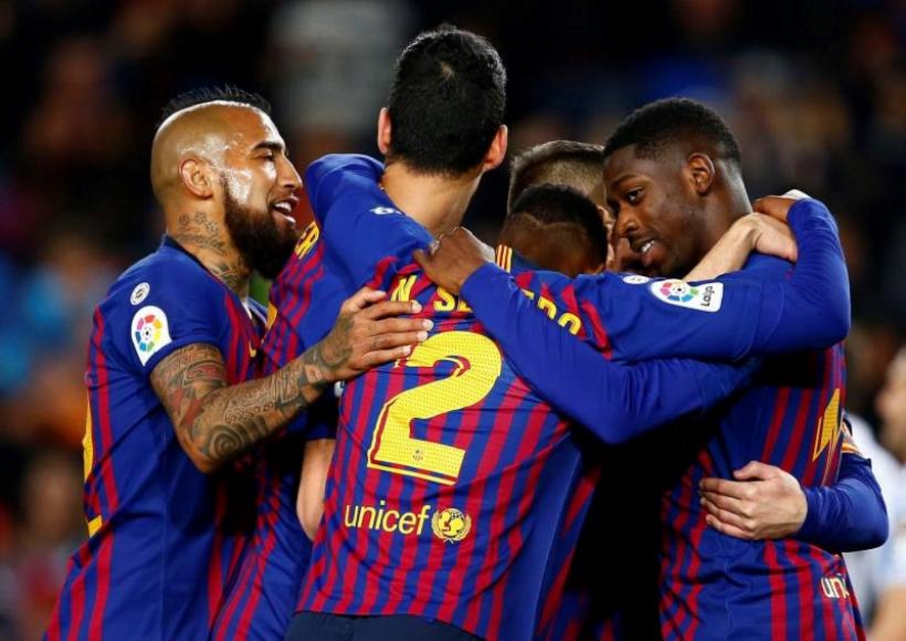FOTOGRAFÍA. BARCELONA (ESPAÑA), 20.04.2019. El defensa del FC Barcelona Jordi Alba celebra su gol anotado ante la Real Sociedad, el del 2-1,.. Efe.