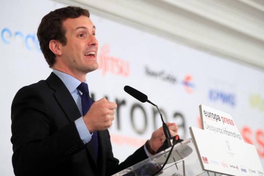 FOTOGRAFÍA. MADRID (ESPAÑA), 01.04.2019. El presidente del Partido Popular (PP), Pablo Casado, durante el desayuno informativo que protagonizó hoy en un hotel de Madrid. Efe.