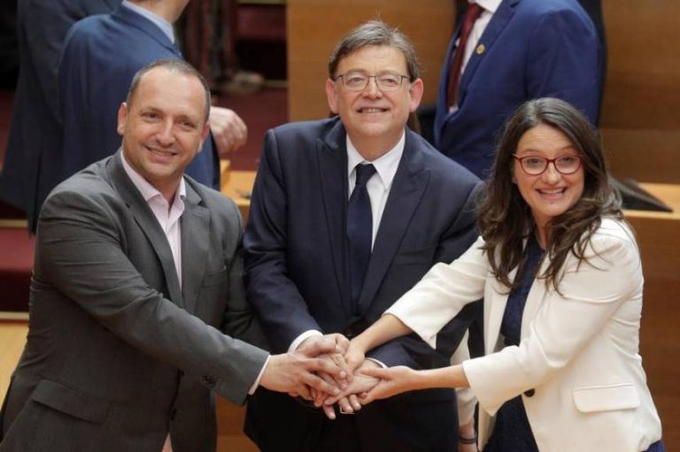 FOTOGRAFÍA. VALENCIA (ESPAÑA), 13.07.2019. El president de la Generalitat, Ximo Puig, la vicepresidenta en funciones, Mónica Oltra, y el portavoz de Unides Podem-EU en Les Corts. Efe