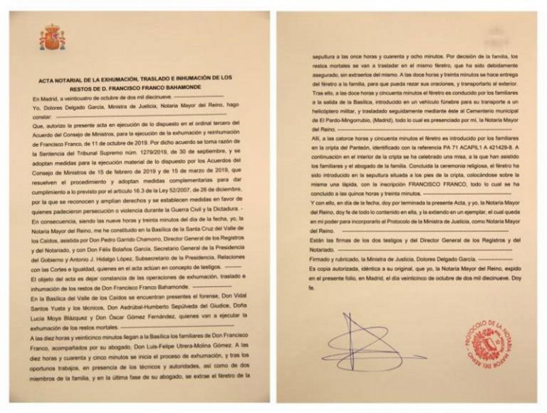 Acta de la exhumación del general español Francisco Franco