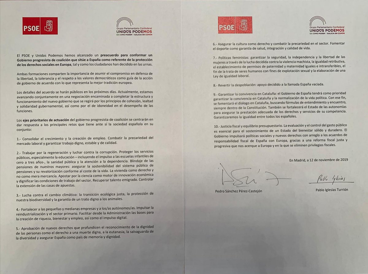 Texto íntegro del pacto de Gobierno de coalición entre PSOE y Podemos ...