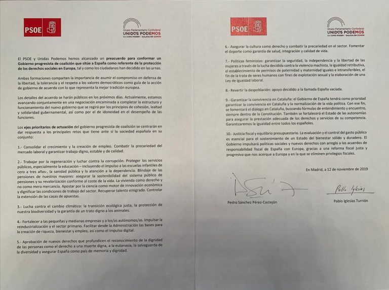 Texto íntegro del pacto de Gobierno de coalición entre PSOE y Podemos