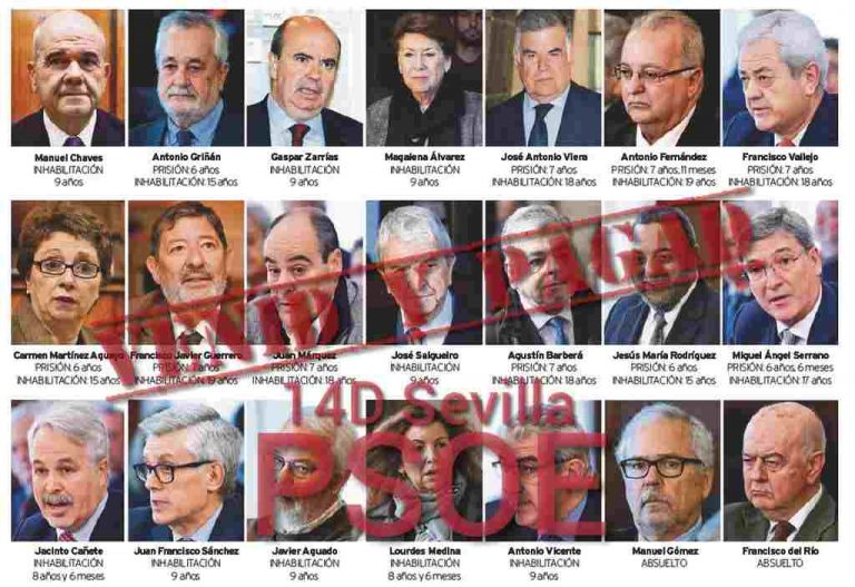 FOTOGRAFÍA. PARLAMENTO DE ANDALUCÍA (SEVILLA) ESPAÑA, 14.12.2019. Ante el silencio cómplice de los sindicatos obreros UGT y CCOO y de los partidos políticos del llamado «Consenso Progre» Podemos, Izquierda Unidas, los separatistas y proetarras, las mismas formaciones políticas que mostraron su indignación por las calles de España y luego se unieron para echar del poder a la formación de la «derechista cobarde» (Partido Popular PP) de mariano rajoy Brey y Pablo Casado, y Ciudadanos del entonces Albert Rivera, VOX ha movilizado este mediodía a los andaluces para reclamar que los de Susana Díaz y pedro Sánchez Pérez-Castejón, los secretarios generales del PSOE en Andalucía y nacional, respectivamente, devuelvan el dinero del pueblo robado en el caso de los ERES falsos del PSOE durante sus gobiernos corruptos en la región. Lasvocesdelpueblo (Ñ Pueblo)