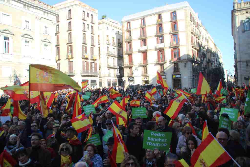FOTOGRAFÍA. PLAZA SAN JAIME DE BARCELONA (BARCELONA) ESPAÑA, 12.01.2020. Sánchez traidor (Pedro Sánchez Pérez Castejón traidor). Protesta VOX. Ñ Pueblo (2)