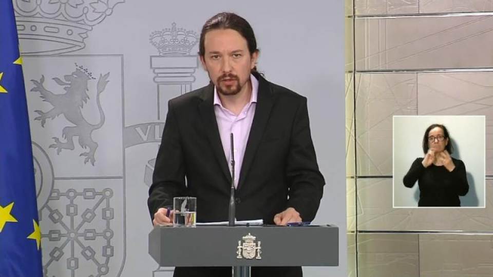 FOTOGRAFÍA. (MADRID), 19.03.2020. Palacio de la Moncloa de la rueda de prensa del vicepresidente de Asuntos Sociales y Agenda 2030, Pablo Iglesias. efe