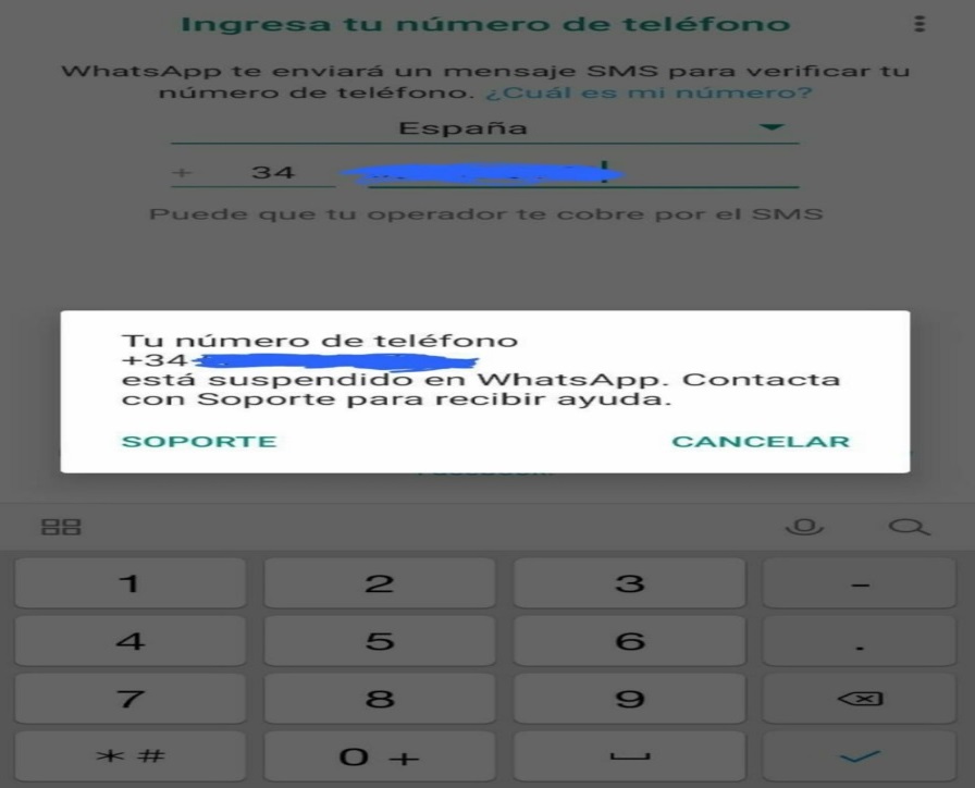 FOTOGRAFÍA. ESPAÑA, 13.04.2020. Sanciones de Whatsapp. Tu número de teléfono está suspendido en Whatsapp. Ñ Pueblño (1)