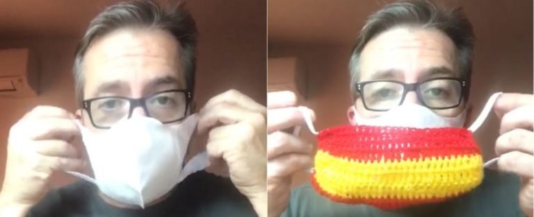 «Ésta mascarilla me protege contra el COVID 19 y contra los hijos de puta, con la bandera encima de ella»