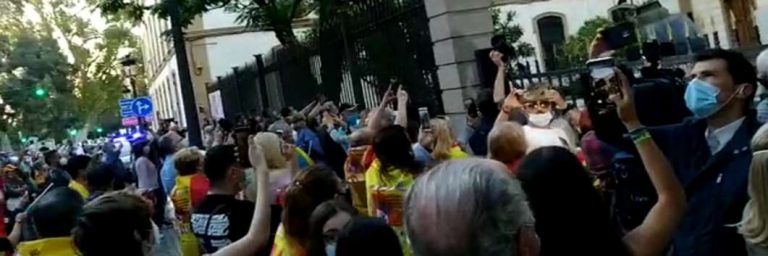 Vivas España, el Ejército y rey de centenares de personas con mascarillas en la arriada de la bandera