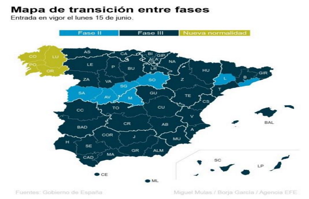 FOTOGRAFÍA. MADRID (ESPAÑA), 12.06.2020. Detalle de la infografía la transición sobre las fase de la desescalada del coronavirus 8covid 19) en España. Efe