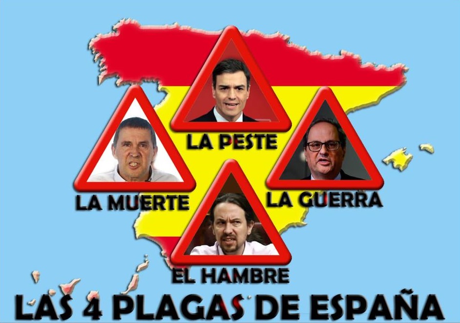 FOTOGRAFÍA. BARCELONA (ESPAÑA), 15.07.2020. Las «4 plagas de España» son Pedro Sánchez (la peste), Arnaldo Otegi (la muerte), Joaquim Torra (la guerra) y Pablo Iglesias (la hambre). Ñ Pueblo