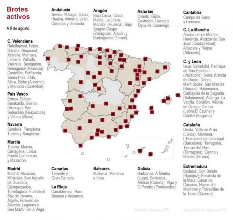 FOTOGRAFÍA. MADRID (ESPAÑA), 06.08.2020. Detalle de la infografía de Efe sobre los contagios de covid 19 (coronavirus) en España, que 1.683 nuevos caso de covid 19, este jueves. Efe