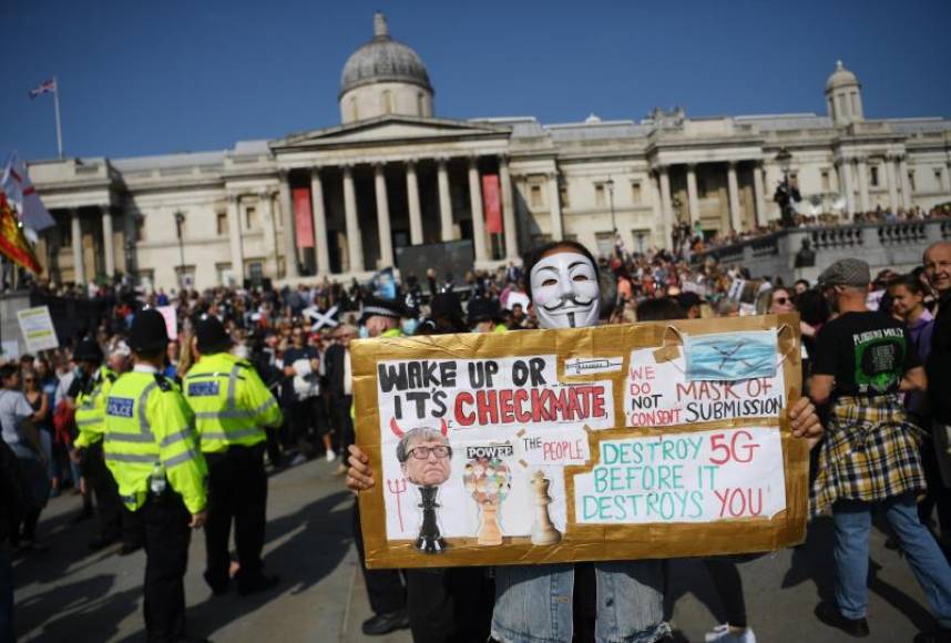 FOTOGRAFÍA. LONDRES (REINO UNIDO), 19.09.2020. Manifestación antivacuna, antimascarilla, etc. en Londres. Ese céntrico enclave de la capital británica se convirtió desde el mediodía. Efe