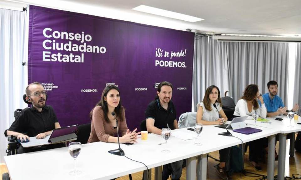 FOTOGRAFÍA. MADRID (ESPAÑA), AÑO 2020. Reunión del máximo órgano de dirección de Podemos, el Consejo Ciudadano. Pablo Echenique (i), Irene Montero (2ª i), pablo Iglesias (3ª i). Efe