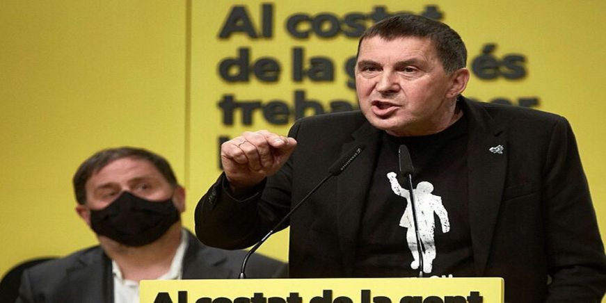 FOTOGRAFÍA. GERONA (ESPAÑA), 07.02.2021. Campaña electoral del 14F de Cataluña. Arnaldo Otegui, Pere Aragonés y Oriol Junqueras Vies.,. Efe