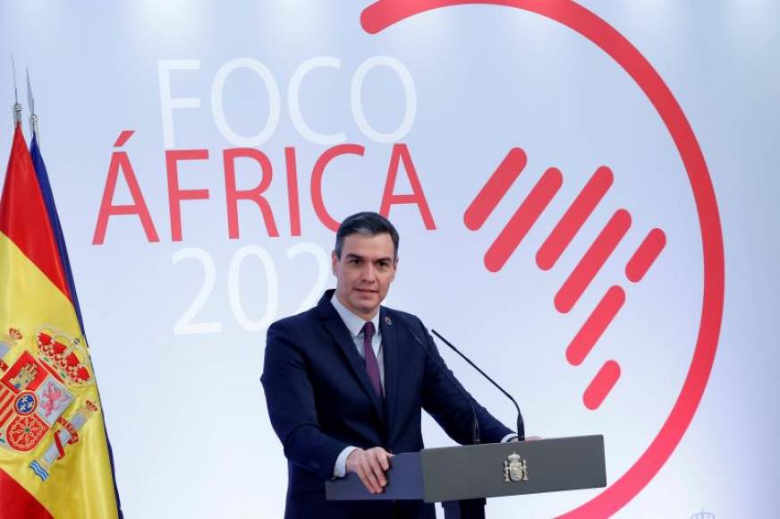 FOTOGRAFÍA. MADRID (ESPAÑA), 29.03.2021. El presidente del Gobierno español, Pedro Sánchez, da un discurso durante la presentación del plan Foco África 2023. Efe