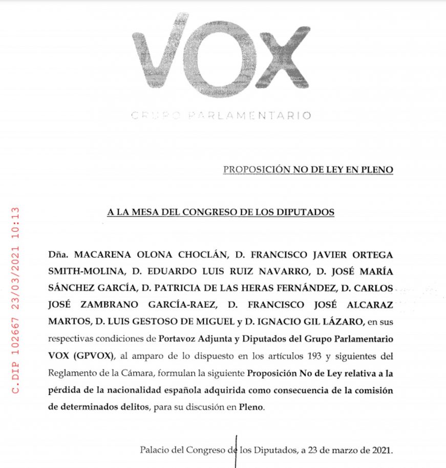 FOTOGRAFÍA. MADRID (ESPAÑA), 23.03.2021. VOX qexige «la pérdida de nacionalidad española» para los inmigrantes condenados por terrorismo. Ñ Pueblo
