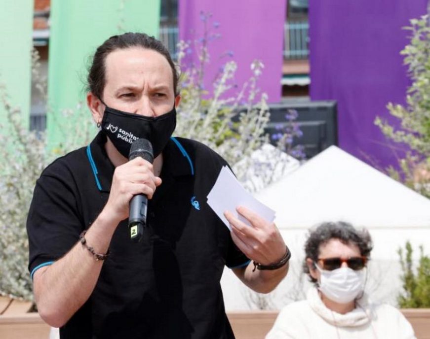 FOTOGRAFÍA. MADRID (ESPAÑA), 16.04.2021. El candidato de Podemos a la Comunidad de Madrid, Pablo Iglesias, durante el acto de precampaña sobre derechos LGTBI hoy en Madrid. Efe