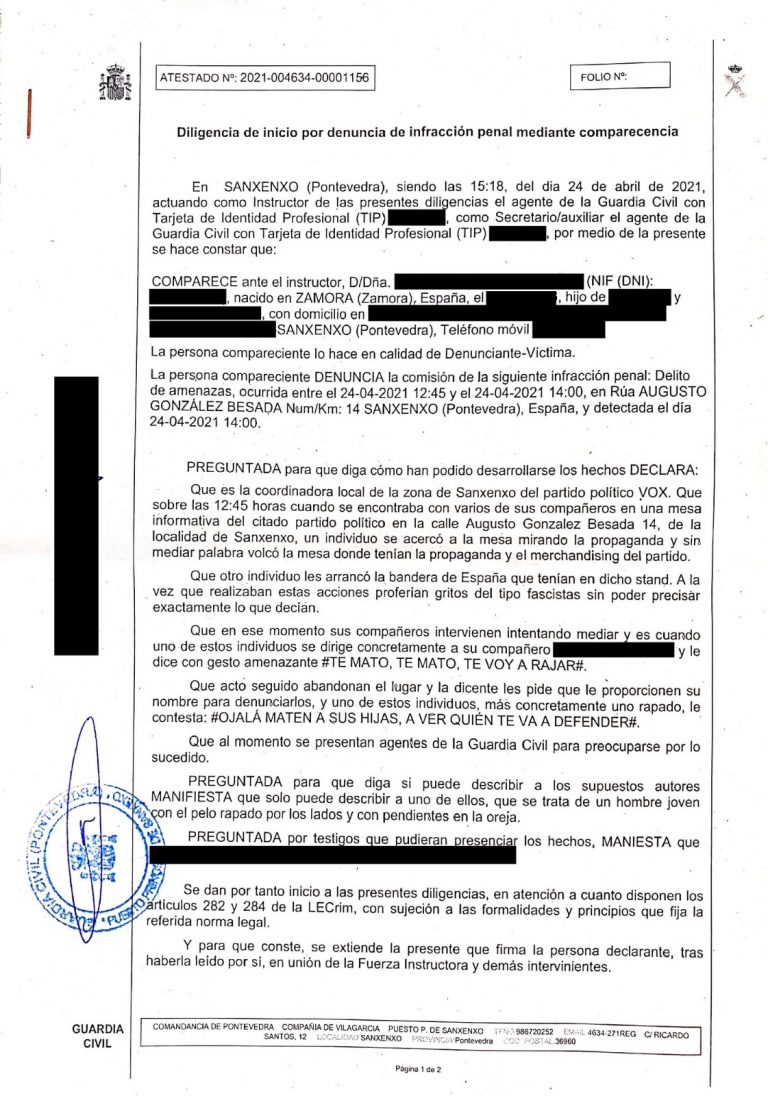 «Ojalá maten a tus hijas», una mujer y VOX son amenazados de muerte en Sangenjo (Pontevedra) por parte de sujetos de izquierda en una carpa informativa