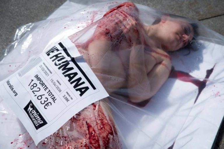 Animalistas etiquetados como «carne humana» llenan un tramo de la Cuesta de Moyano contra el consumo de carne en España