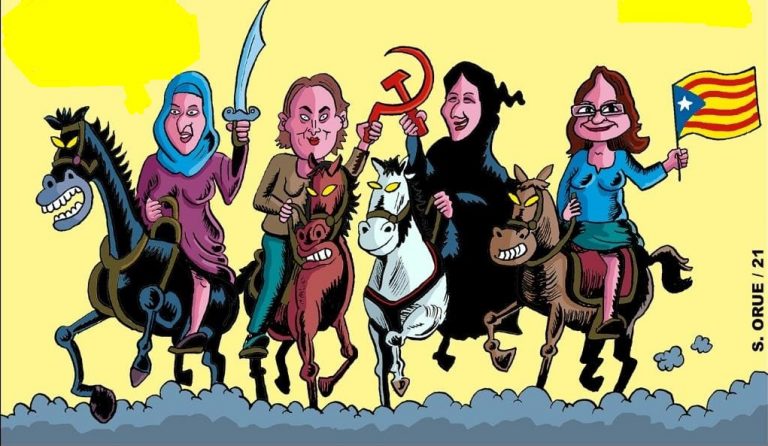 FOTOGRAFÍA. BARCELONA (ESPAÑA), 19.11.2021. Un viñeta el acto de los comunistas en Valencia «Otras Políticas» muestra a Yolanda Díaz Pérez (2º d), vicepresidente segunda del Gobierno y ministra de Trabajo y Economía Social por la ultraizquierda Podemos; a Mónica Oltra Jarque (d), vicepresidente del Gobierno tripartito del Botánico por Compromís; a Ada Colau Ballano (2º i), alcaldesa de Barcelona por la extrema izquierda Podemos Cataluña (Los Comunes); y a Fátima Hamed Hossain, la líder del partido de de ultraizquierda de corte marroquí en Ceuta «Movimiento por la Dignidad y la Ciudadanía» (MDyC) y miembro de la Asamblea de Ceuta. Firma la viñeta «S. ORUE/21». Lasvocesdelpueblo (Ñ Pueblo)