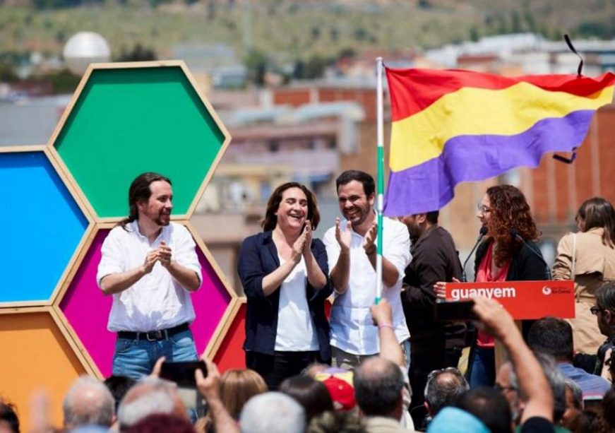 FOTOGRAFÍA. BARCELONA (ESPAÑA), 19.05.2019. Los líderes de Unidas Podemos Pablo Iglesias (c) y Alberto Garzón, Ada Colau. Efe