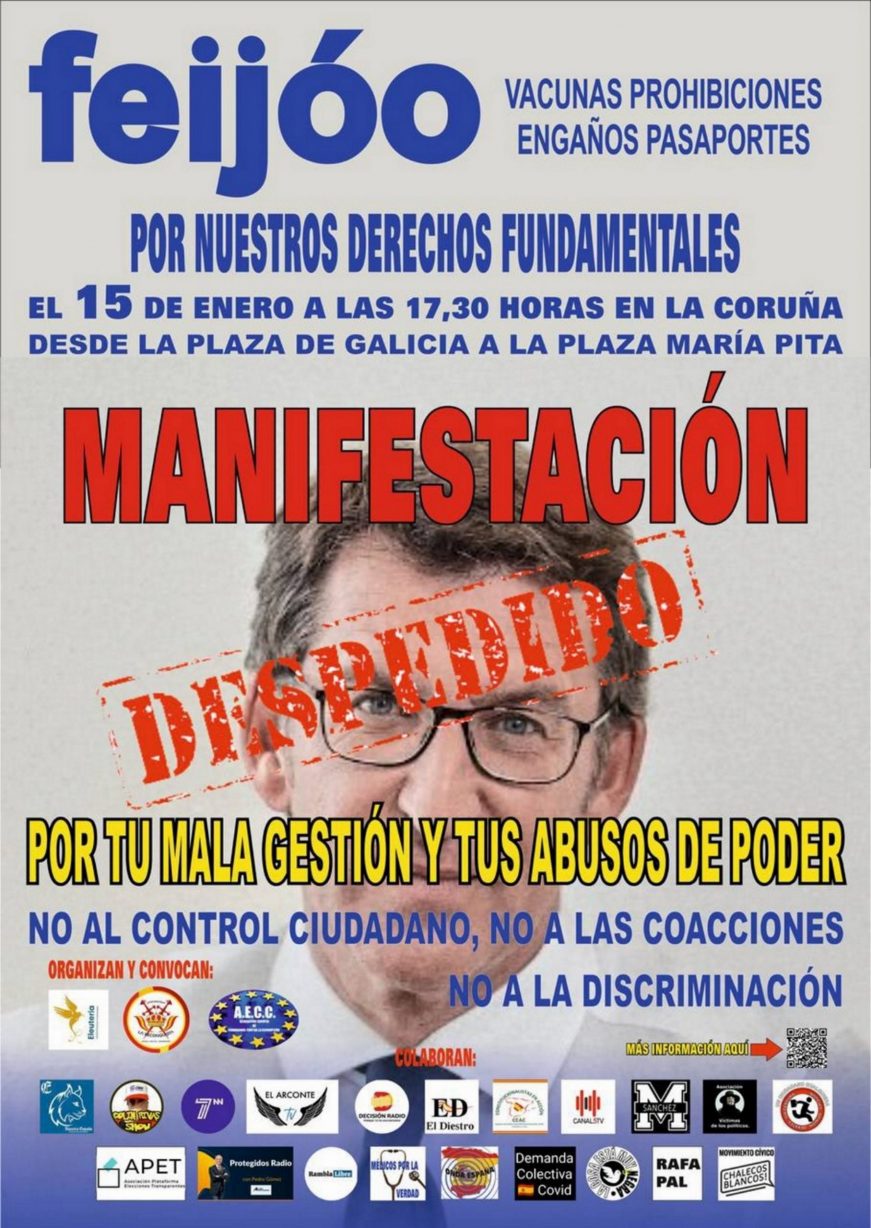 FOTOGRAFÍA. LA CORUÑA (ESPAÑA), 10.01.2022. cartel de la manifestación popular del 15 de enero en La Coruña contra la dictadura del gallego Alberto Nuñez Feijóo. Ñ Pueblo