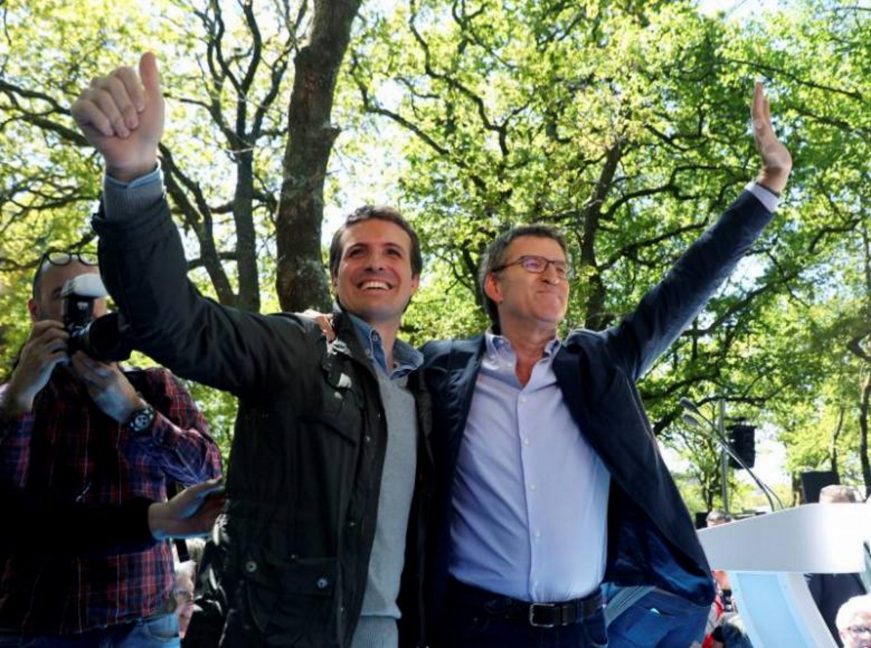 FOTOGRAFÍA. EL PINO (GALICIA) ESPAÑA, 04.05.2019. El líder del PP; Pablo Casado (i), y el presidente de la Xunta, Alberto Núñez Feijóo. Efe.