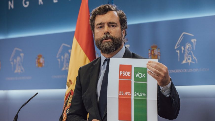 FOTOGRAFÍA. MADRID (ESPAÑA), 30.03.2022. El portavoz del Grupo Parlamentario de Vox en el Congreso de los Diputados, Iván Espinosa de los Monteros y de Simón, exhibe una encuesta que muestra un empate técnico entre Vox y PSOE, este miércoles. (Ñ Pueblo)