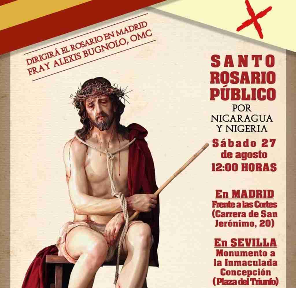 FOTOGRAFÍA. BARCELONA (ESPAÑA), FECHA DE LOS HECHOS 24.08.2022. Cartel de la convocatoria de los Rosarios públicos por Nigeria y Nicaragua. Ñ Pueblo