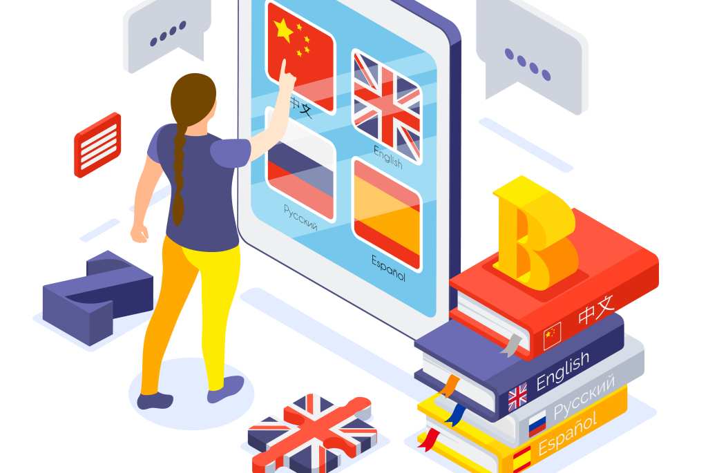 FOTOGRAFÍA. MUNDO, 20.10.2022. Detalle de una composición isométrica de cursos de idiomas en línea con una mujer que elige la aplicación china. Freepik. (Ñ Pueblo)