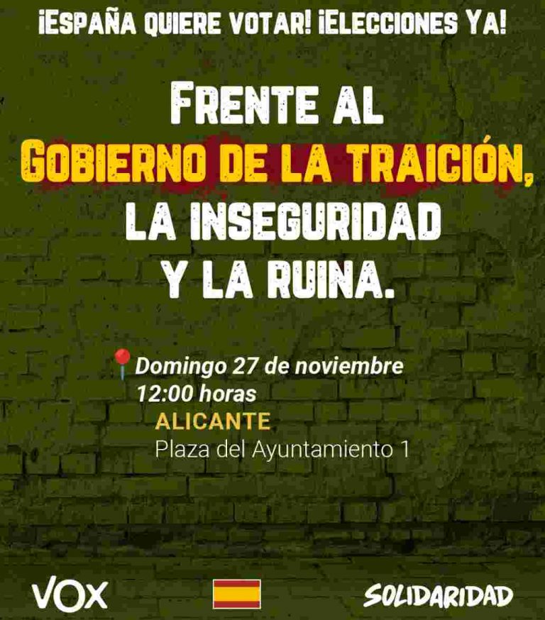 VOX y Solidaridad claman hoy en Alicante contra «el Gobierno de la traición, inseguridad y ruina»