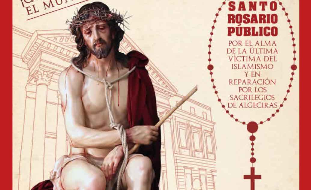 FOTOGRAFÍA. BARCELONA (ESPAÑA), 27.2023. Imagen santa de Jesús en un combo de fotografía anuncia rosario público de recuerdo a víctimas de atentados islamistas de Algeciras. Ñ Pueblo