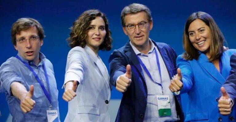 FOTOGRAFÍA. MADRID (ESPAÑA), 21 DE MAYO DE 2022. En la imagen, los miembros del Socialismo azul migracionista y WOKE partido Popular (PP), el nacionalista gallego Alberto Núñez Feijóo (3 i), líder de esta formación; la wokista Isabel Natividad Díaz Ayuso (2 i); y el wokista José Luis Martínez-Almeida Navasqüés (José Luis Martínez-Almeida) (i), el alcalde de Madrid; presidente del Gobierno autonómico de la Comunidad de Madrid; comparten la meta de que el PP gane y gobierne y este sábado, en la clausura del congreso en el que la madrileña ha tomado el mando del partido en Madrid, han firmado una alianza mutua para aparcar los líos internos y vencer en las elecciones generales, autonómicas y municipales de 2023. Efe