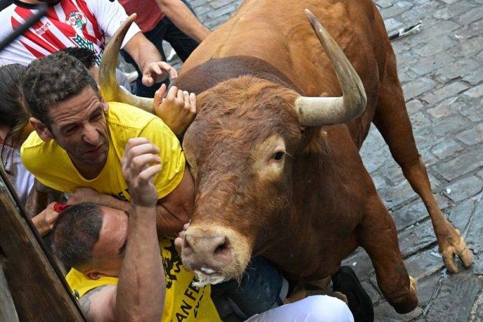 FOTOGRAFÍA. PAMPLONA (ESPAÑA), 09 DE JULIO DE 2023. Un toro embiste a un grupo de corredores durante el tercer encierro de los Sanfermines 2023, este domingo en Pamplona. Efe