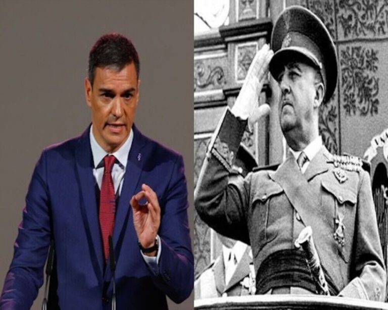 COMBO FOTOGRAFÍAS. MADRID (ESPAÑA), ARCHIVO DEL SANCHISMO 04 DE SEPTIEMBRE DE 2023, Y ARCHIVO SIN FECHA CONCRETADA DEL RÉGIMEN FRANQUISTA. (PP Bildu PSOE separatistas ultraizquierda) aprueban disolver a la Fundación Francisco Franco. El secretario general del PSOE y presidente de Gobierno de coalición en funciones de España Pedro Sánchez Pérez Castejón (d) interviene en un desayuno en el Ateneo de Madrid, junto al generalísimo líder del régimen franquista, Francisco Franco Bahamonde (i). Se trata de un combo de imágenes que ilustran la actual situación política de España en la que el régimen sanchista humilla a la buena gente y víctimas mientras blanquea a los golpistas condenados por tribunales de la democracia, a prófugos golpistas y a los terroristas asesinos de políticos y civiles en democracia, bajo la bandera de «Progresismo» o «Progresista», después de controlar a casi toda la prensa y las empresas estratégicas de España mientra Franco, cuyo régimen lo controlaba también todo y demonizaba a los críticos tal y como hace el Sanchismo, nunca blanqueó a los enemigos de España; todo lo contrario, dictaba su fusilamiento. Efe