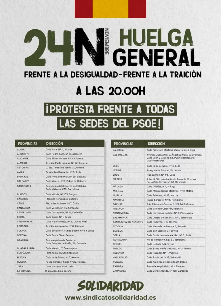 24N| Huelga general del Sindicato SOLIDARIDAD con protesta en 50 provincias y Ceuta y Melilla