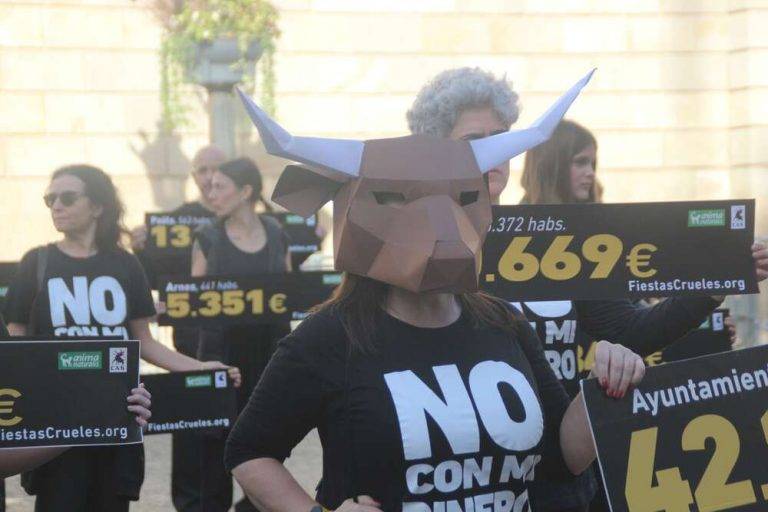 FOTOGRAFÍA. BARCELONA (ESPAÑA), 12 DE NOVIEMBRE DE 2023. Entrada en vigor prohibición de exposición y venta de perros, gatos y hurones. Un grupo de animalista protesta en plaza San Jaime de Barcelona, frente a la sede del Ayuntamiento de la ciudad contra la cultura española, los toros que tachan de "fiestas crueles". Lasvocesdelpueblo (Ñ Pueblo)
