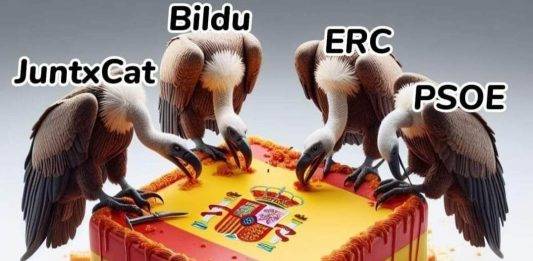 FOTOGRAFÍA. BARCELONA (ESPAÑA), 19 DE DICIEMBRE DE 2023. Una ilustración, con inteligencia artificial (IA), de la resistencia española al golpe de Estado perpetrado por parte del "tirano" de la Moncloa y líder del Partido Socialista Obrero Español (PSOE), Pedro Sánchez Pérez-Castejón, muestra a una "España devorada por buitres" de la antiEspaña, los separatistas y la banda terrorista comunista ETA (EH Bildu), y sus compinches ultras y socialistas, Podemos, 'RESTAR' -conocido con el eufemismo "SUMAR"- y PSOE. La resistencia se ha olvidado otro protagonista imprescindible, los separatistas del Partido Nacionalista Vasco (PNV). Lasvocesdelpueblo (Ñ Pueblo)