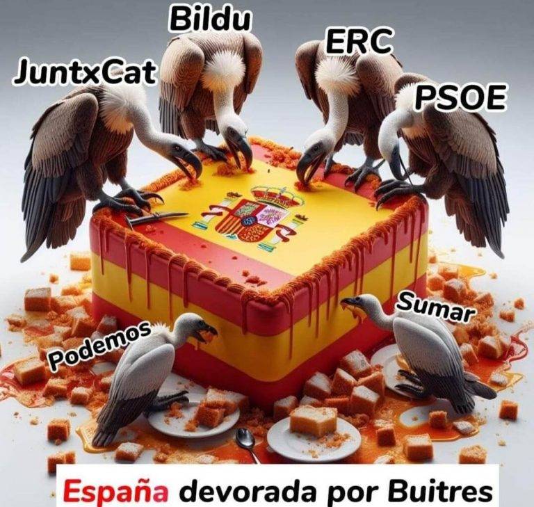 FOTOGRAFÍA. BARCELONA (ESPAÑA), 19 DE DICIEMBRE DE 2023. Una ilustración, con inteligencia artificial (IA), de la resistencia española al golpe de Estado perpetrado por parte del "tirano" de la Moncloa y líder del Partido Socialista Obrero Español (PSOE), Pedro Sánchez Pérez-Castejón, muestra a una "España devorada por buitres" de la antiEspaña, los separatistas y la banda terrorista comunista ETA (EH Bildu), y sus compinches ultras y socialistas, Podemos, 'RESTAR' -conocido con el eufemismo "SUMAR"- y PSOE. La resistencia se ha olvidado otro protagonista imprescindible, los separatistas del Partido Nacionalista Vasco (PNV). Lasvocesdelpueblo (Ñ Pueblo)