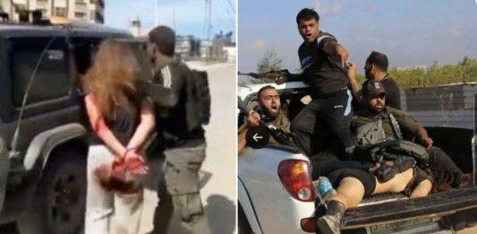 FOTOGRAFÍA. FRANJA DE GAZA (PALESTINA), 07 DE OCTUBRE DE 2023. En la izquierda del combo de imágenes, la joven israelí Naama Levy, con desabrochado ensangrentado debajo del culo y a nivel de la rodilla señal de violación sexual. Los grupos terroristas yihadista del ISIS de gaza Hamás ya están trayendo en el Estado Islámico de Gaza como rehenes a los supervivientes de la masacre yihadista de los Kibutzs (aldeas) del territorio nacional de Israel, son jóvenes mujeres violadas en grupos por los terroristas, muchas de ellas han perdido su vagina por la obsesión de los violadores terroristas con los genitales de las víctimas, de hecho, han cortado tantos los genitales de los varones como de las mujeres asesinados y vivos o las tetas de ellas, además de decapitar a mucha víctimas, todos civiles, según las primeras imágenes captadas siempre por los mismo terroristas que circulan por las redes sociales y otras por foros israelíes cuyo autores terroristes han sido repelados por el Ejército de defensa de la patria de Israel. Lasvocesdelpueblo (Ñ Pueblo)