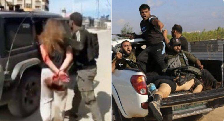 FOTOGRAFÍA. FRANJA DE GAZA (PALESTINA), 07 DE OCTUBRE DE 2023. En la izquierda del combo de imágenes, la joven israelí Naama Levy, con desabrochado ensangrentado debajo del culo y a nivel de la rodilla señal de violación sexual. Los grupos terroristas yihadista del ISIS de gaza Hamás ya están trayendo en el Estado Islámico de Gaza como rehenes a los supervivientes de la masacre yihadista de los Kibutzs (aldeas) del territorio nacional de Israel, son jóvenes mujeres violadas en grupos por los terroristas, muchas de ellas han perdido su vagina por la obsesión de los violadores terroristas con los genitales de las víctimas, de hecho, han cortado tantos los genitales de los varones como de las mujeres asesinados y vivos o las tetas de ellas, además de decapitar a mucha víctimas, todos civiles, según las primeras imágenes captadas siempre por los mismo terroristas que circulan por las redes sociales y otras por foros israelíes cuyo autores terroristes han sido repelados por el Ejército de defensa de la patria de Israel. Lasvocesdelpueblo (Ñ Pueblo)